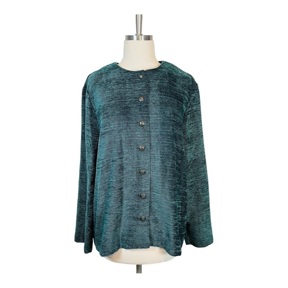 Alfred Dunner Petite 16P Teal Textured Button Front Cardigan Jacket Long Sleeve